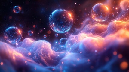 Floating orbs in swirling nebulae, cosmos, abstract