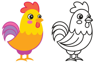 Adorable Cartoon Rooster Illustration with Coloring Page A Fun and Colorful Cock Bird Image Perfect for Kids Activities and Educational Materials