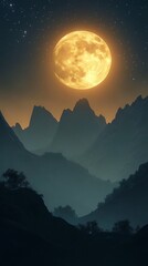 Large, golden full moon rising over a silhouetted mountain range at night. Starry sky.