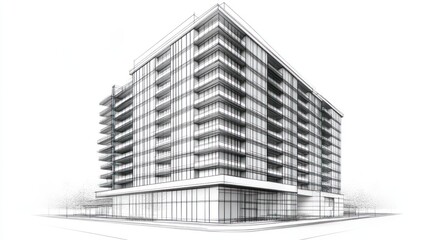 Architectural sketch of modern building, urban planning concept, use for blueprint, or design portfolio