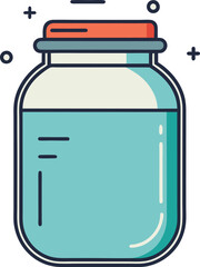 Glass jar with turquoise liquid and lid, A colorful glass jar filled with turquoise liquid, featuring a red lid and a clean, simple design.
