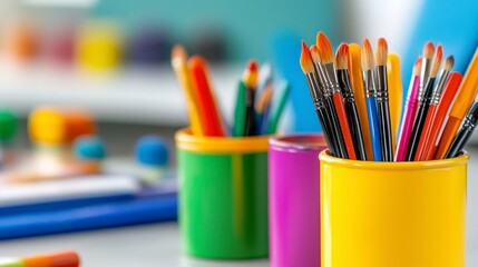 Vibrant Collection of Art Supplies in Colorful Containers on Desk
