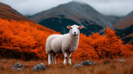 Obraz premium Sheep in Vibrant Autumn Landscape with Orange Trees and Majestic Mountains in Background