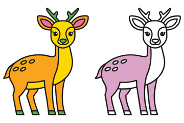 Adorable Cartoon Deer Pair Color and Outline Illustration for Kids