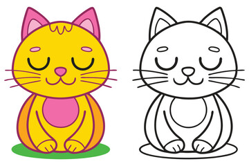 Adorable Cartoon Cat Coloring Page Illustration Featuring a Cute Sitting Kitten in Yellow and a Black and White Outline Version for Kids