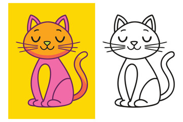 Adorable Cartoon Cat Illustration with Coloring Page Option  Happy Feline Character Design for Kids