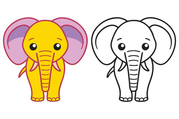 Adorable Cartoon Elephant Illustration Coloring Page Two Versions Yellow and Outline