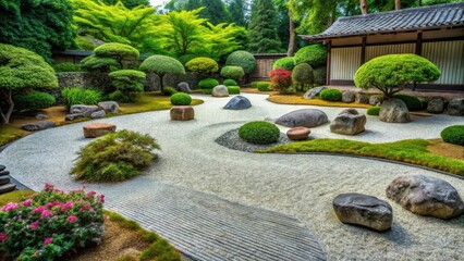 Serene Landscape Design Featuring a Meandering Gravel Path, Carefully Placed Rocks, and Lush Green Shrubs in a Tranquil Garden Setting