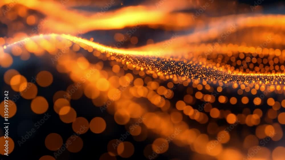 Poster illuminating wave of golden particles: an abstract digital composition features a flowing, undulatin