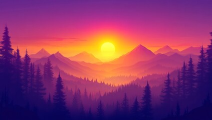 A stylized landscape featuring mountains trees and a sunset