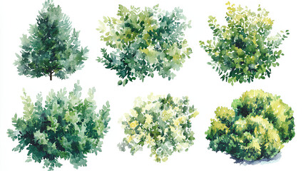 Various green trees, bushes and shrubs, top view for landscape design plan. Vector watercolor illustration, isolated on white background