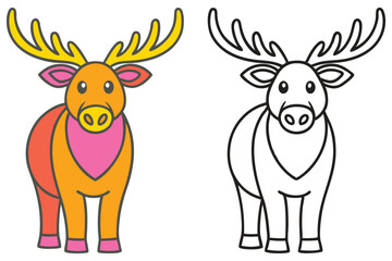 Adorable Cartoon Elk Illustration Coloring Page for Kids Featuring a Cute Orange and Pink Elk and a Black and White Outline Version for Easy Coloring