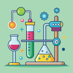 Illustration of a laboratory experiment setup with colorful glassware, A vibrant and detailed illustration of a laboratory experiment setup with test tubes, flasks, and mechanical components, represen