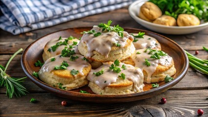 A rustic plate filled with a warm and savory biscuits and gravy, topped with fresh herbs and a sprinkle of cheese, served in a cozy dining setting , comfort food, hearty breakfast