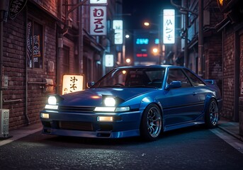 Fototapeta premium Blue Car Parked in Urban Japanese Alleyway at Night with Neon Lights