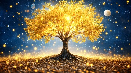 A luminous golden tree stands in a starry night environment