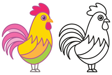 Colorful Rooster Illustration with Coloring Page A Fun Cartoon Chicken for Kids Learning and Activities