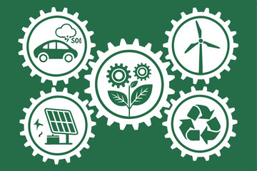 64 Environmental icons, circular badges, green background, sustainability symbols, CO2 cloud, magnifying glass, hand holding, recycling logo, solar panel icon, wind turbine icon, electric car icon, le