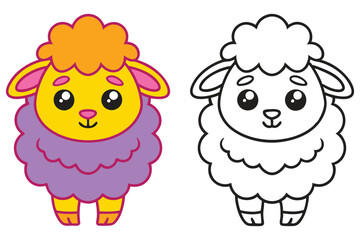 Adorable Cartoon Sheep Coloring Page Illustration Featuring a Cute Colorful Lamb and its Black and White Outline Version for Kids