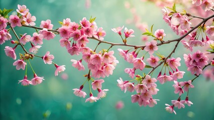 Obraz premium Delicate Pink Blossoms on Branch, Soft Teal Background, Springtime Floral Beauty, Nature's Gentle Embrace