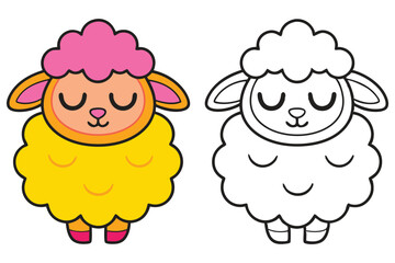 Adorable Cartoon Sheep Coloring Page Illustration Sweet Dreamy Lamb Animal Character Design
