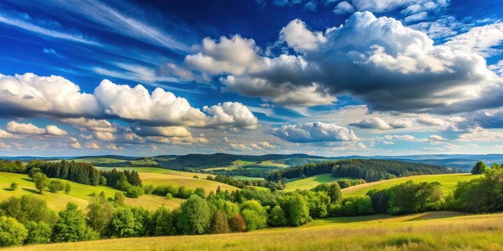 Serene landscape with vast blue sky and fluffy white clouds against a natural backdrop of rolling hills and trees