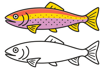 Colorful Fish Illustration with Outline Drawing A vibrant pink yellow and orange fish is presented alongside its black and white outline version perfect for coloring pages or educational materials
