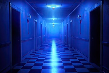 Long, dimly lit hallway with doors