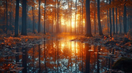 Autumnal forest reflection at sunset