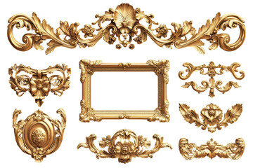 Ornate Gold Frame and Decorative Elements Baroque Style Design isolated on transparent background