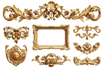 Ornate Gold Frame and Decorative Elements Baroque Style Design isolated on transparent background