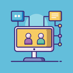 Illustration of online collaboration and communication on computer, A vibrant illustration of a computer screen showing online collaboration between two people with connected messaging icons.
