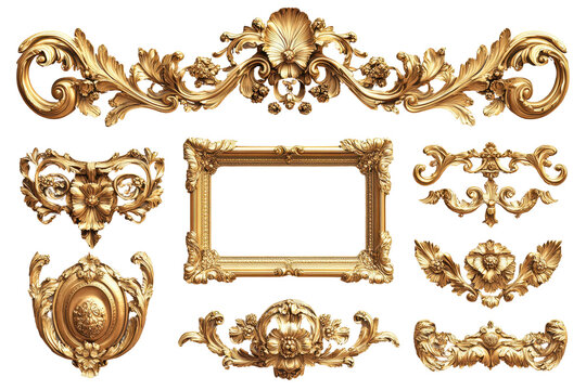 Naklejki Ornate Gold Frame and Decorative Elements Baroque Style Design isolated on transparent background