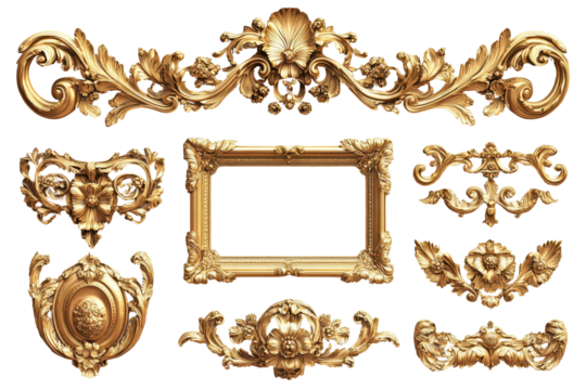 Ornate Gold Frame and Decorative Elements Baroque Style Design isolated on transparent background