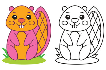 Adorable Cartoon Beaver Coloring Page Illustration Featuring a Cute Sitting Beaver with Pink and Orange Fur and a Detailed Tail for Kids