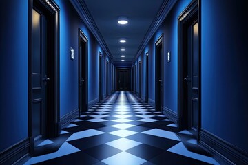 Dark, long hotel hallway at night