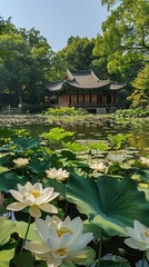 Traditional Asian temple by lotus pond