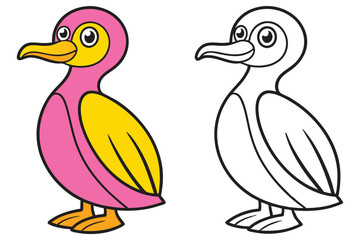 Adorable Cartoon Duck Illustration Pink and Yellow Color and Black and White Outline for Coloring Book