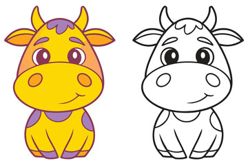 Adorable Cartoon Cow Coloring Page Illustration for Kids Featuring a Cute Yellow Cow and its Black and White Outline Version