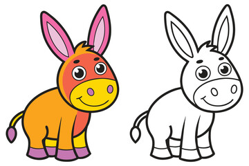 Adorable Cartoon Donkey Illustration Coloring Page for Kids Featuring a Cute Orange and Pink Donkey and a Black and White Outline Version