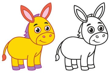 Adorable Yellow Donkey and Its Coloring Page Outline Illustration for Kids
