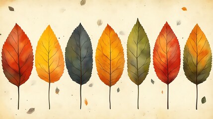 Fototapeta premium Autumn Leaves Watercolor Row.