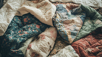 A messy bed with a disheveled comforter and patchwork quilts neatly folded on a bed in a bright room with natural morning light.