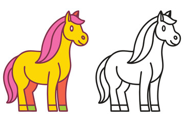 Adorable Cartoon Horse Illustration Colorful and Black and White Versions Available for Coloring Pages and Children's Books