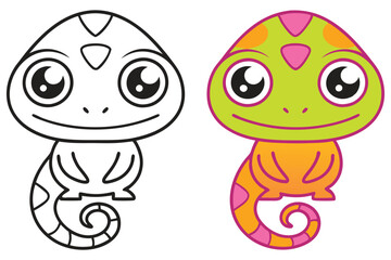 Adorable Cartoon Chameleon Coloring Page Illustration Featuring a Cute Reptile with Big Eyes and a Curled Tail