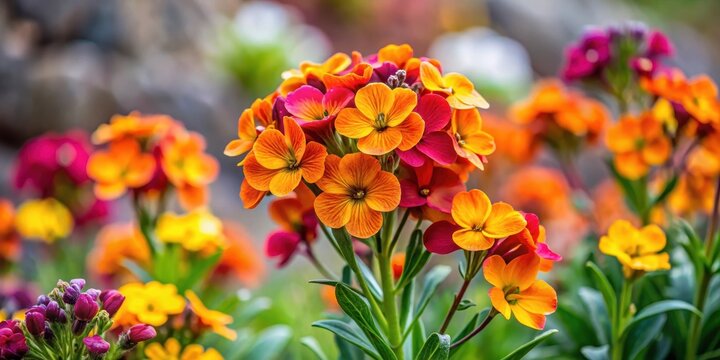 Colorful alpine wallflower in full bloom with delicate petals and intricate details, botanical garden, colorful blooms