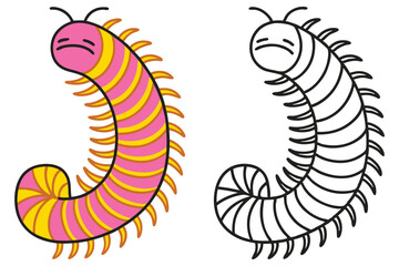 Adorable Cartoon Centipede Illustration in Pink and Yellow Color Scheme with a Line Art Version for Coloring Pages