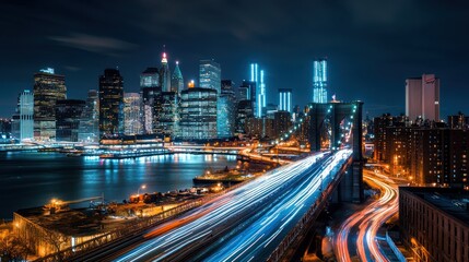 Fototapeta premium Night cityscape of NYC skyline with illuminated Brooklyn Bridge and city traffic. Possible use Stock photo