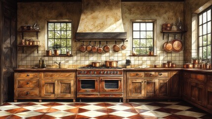 Rustic kitchen, copper cookware, sunlit, farmhouse, interior design, magazine ad