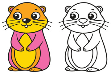 Adorable Cartoon Marmot Coloring Page Illustration for Kids Featuring a Cute Orange and Pink Marmot and a Black and White Outline Version